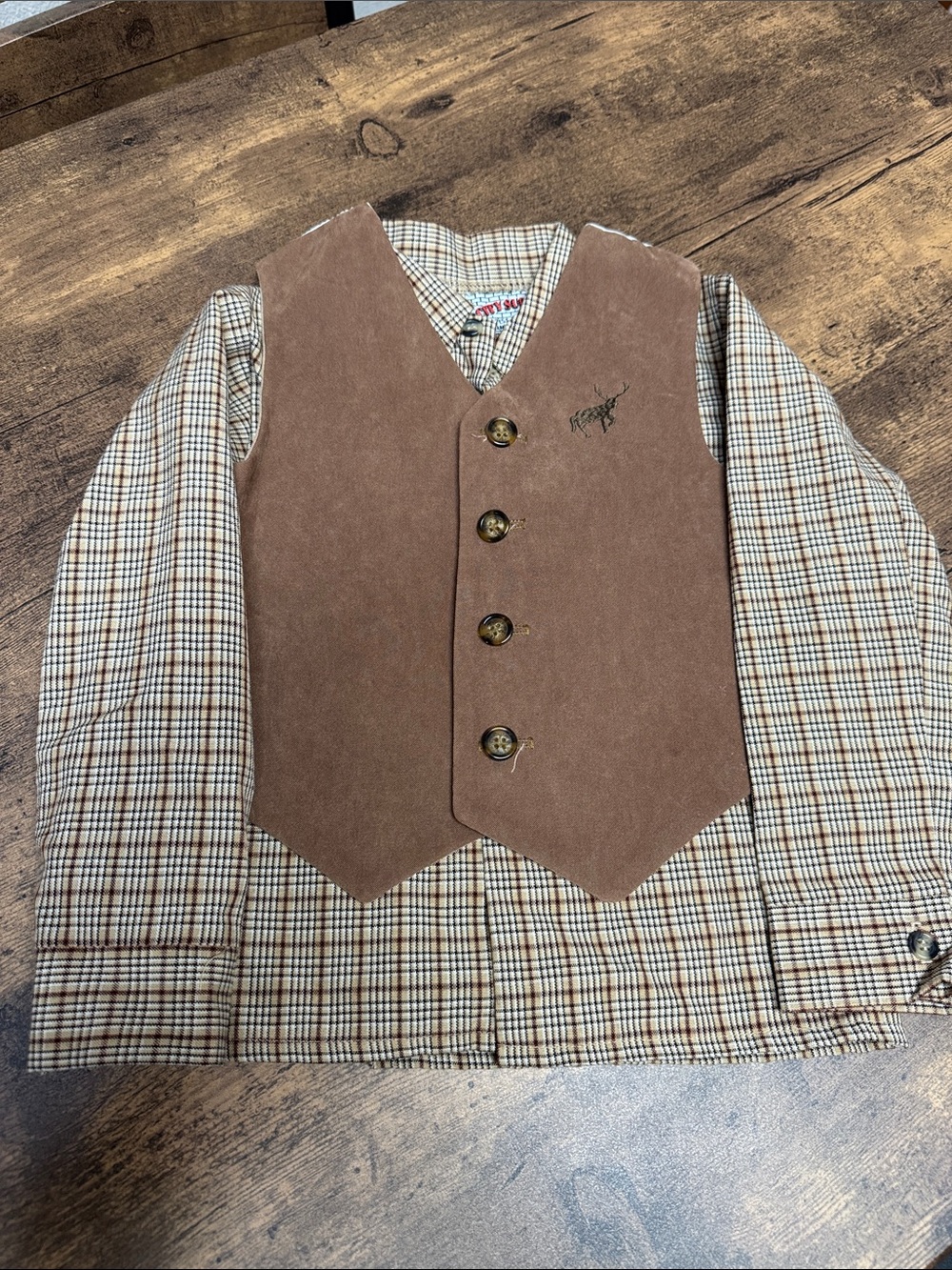 Kids Brown Suede-Look Vest with Plaid Button Jacket - Classic Layered Style